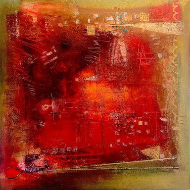JUBILATIONS PREMIERES - 100x100cm Abstraction colorée avec des tons de rouge, orange et touches de vert, textures variées.